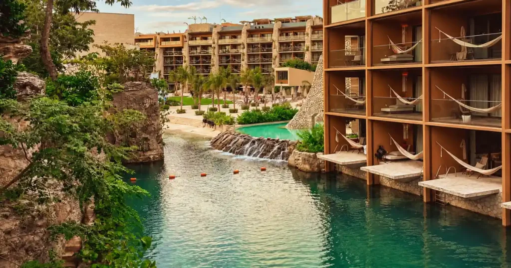 Waterway and lush greenery at Hotel Xcaret México, one of Mexico’s family all inclusive resorts