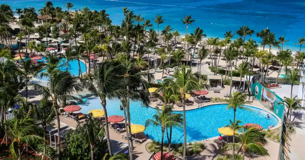 Pools and beachfront facilities at a family all inclusive resort