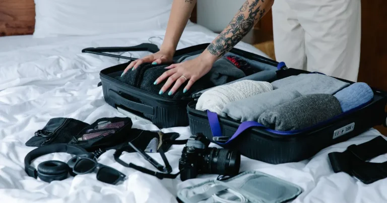 Long flight essentials organized in a carry-on bag for air travel