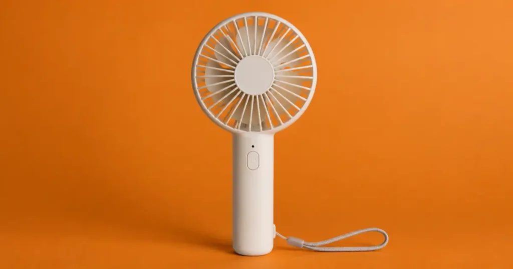 Travel essentials for long flights including a small portable fan
